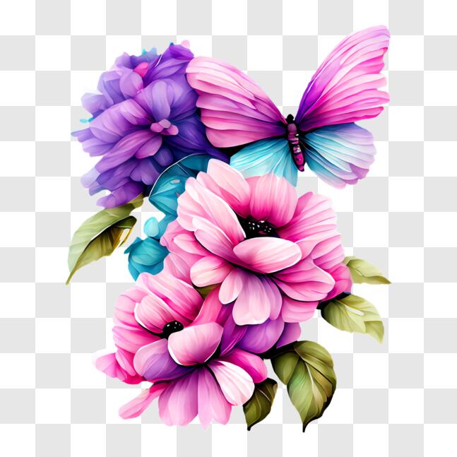 Flores coloridas con mariposas revoloteando sobre ellas