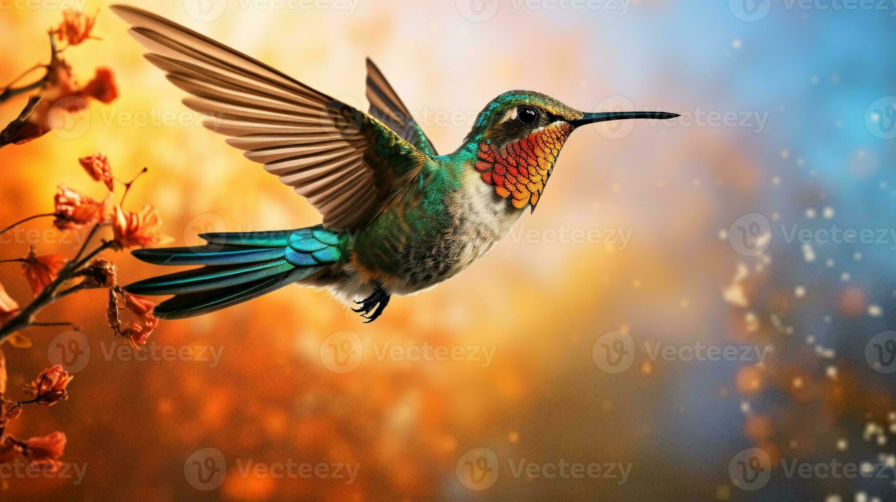 a hummingbird in flight surrounded by colorful flowers on a branch ai generated photo