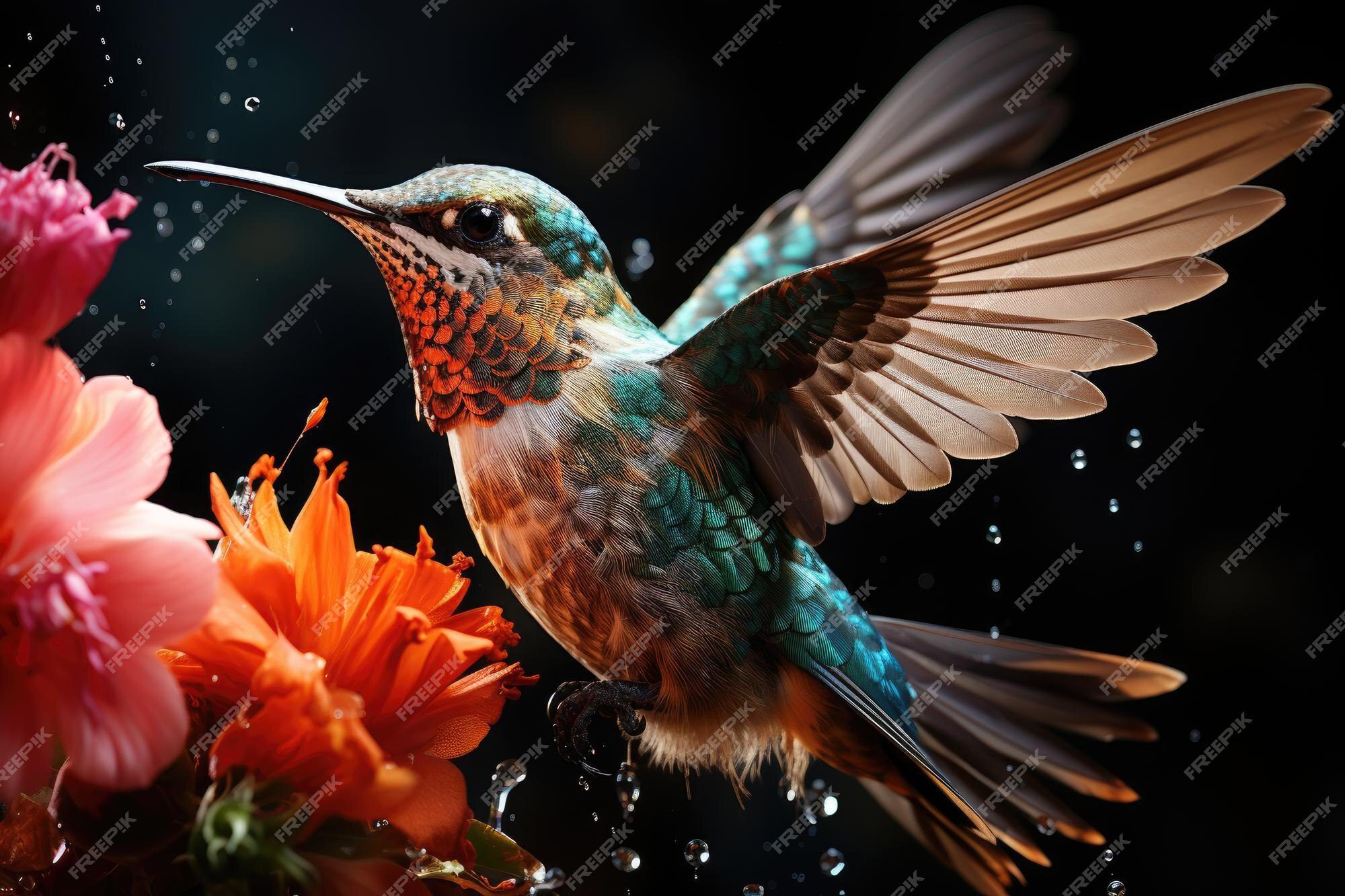 Colibríes alimentándose en un jardín florido