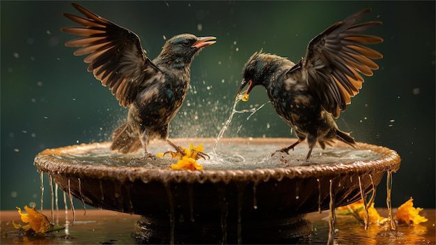 Pájaros bebiendo agua de un bebedero