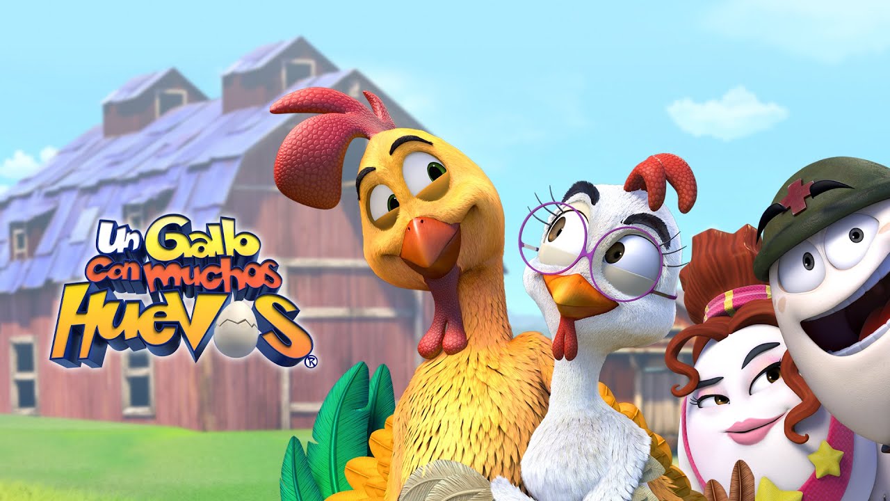 Gallo animado con muchos huevos brillantes