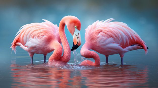 Flamencos rosas alimentándose en un lago