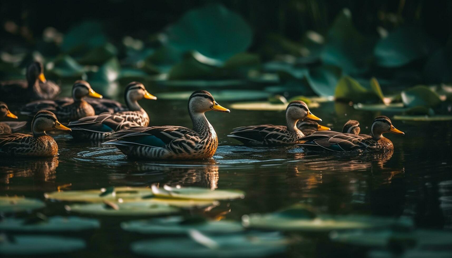 Patos nadando en un estanque tranquilo
